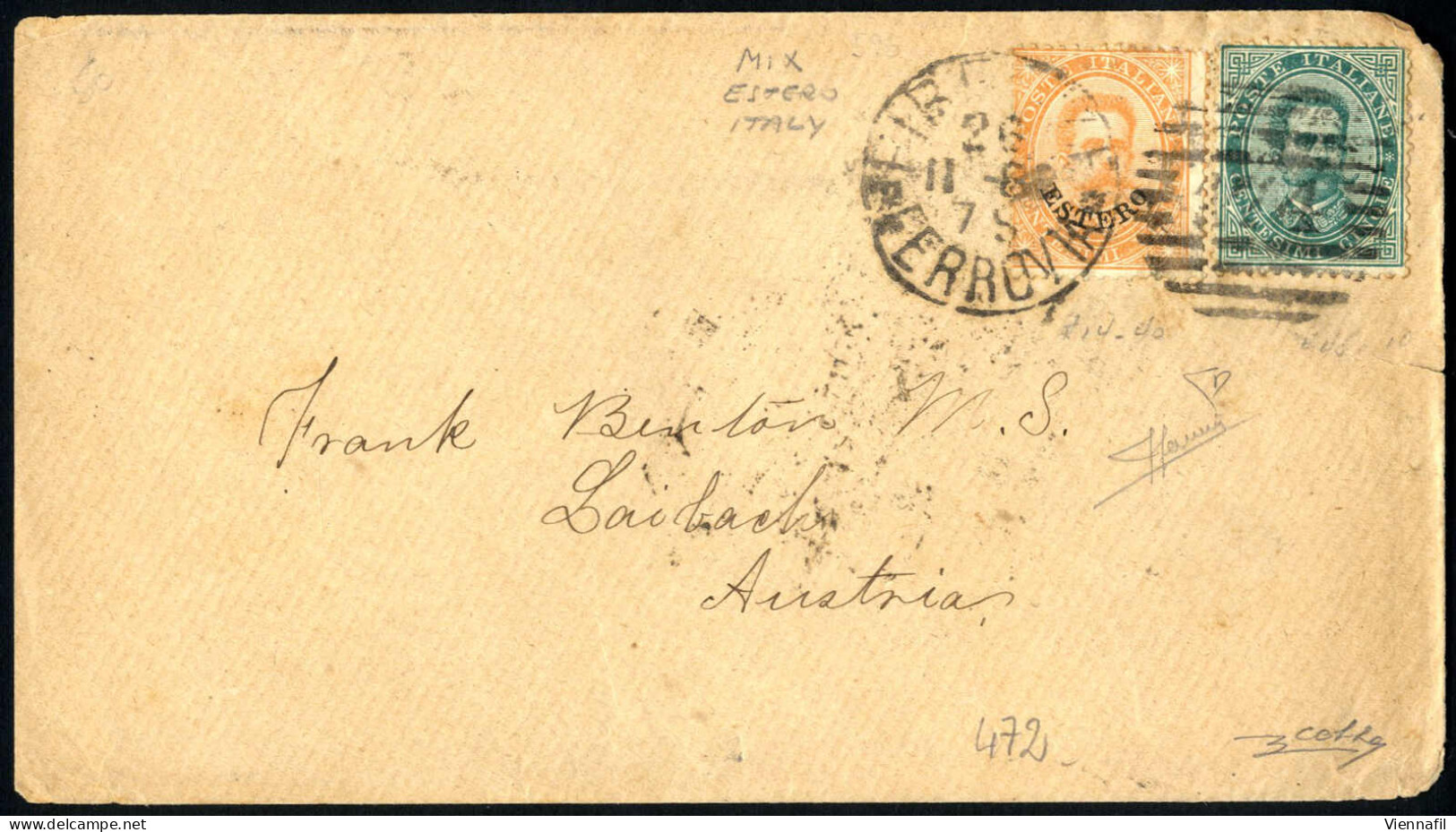 Cover 1888, Busta Del 26.11.1888 Da Firenze A Laibach (Austria), Affrancata Con Umberto I 5 Cent. Verde E 20 Cent. Aranc - Ohne Zuordnung