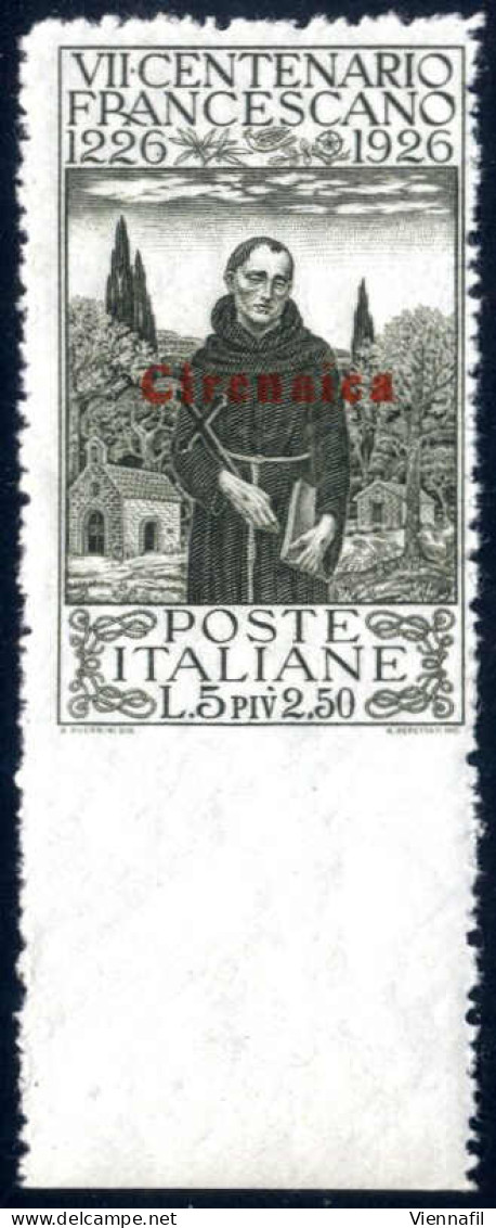 ** 1926, San Francesco 5 + 2,50 L. Oliva Con Soprastampa Rossa "Cirenaica" Non Dentellato In Basso Con Ampio Bordo Di Fo - Cirenaica