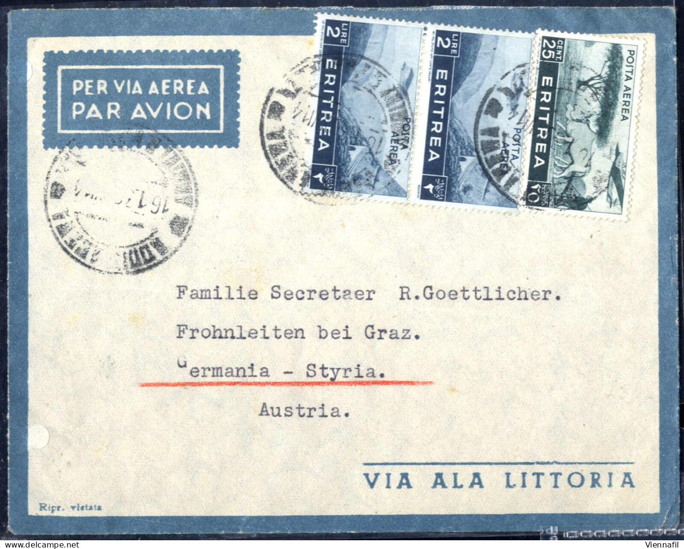 Cover 1939, Lettera Aerea Da Addis Abeba Il 16.1 Per Graz (Austria), Affrancata Con Soggetti Africani 25 C. Verde Scuro  - Eritrea