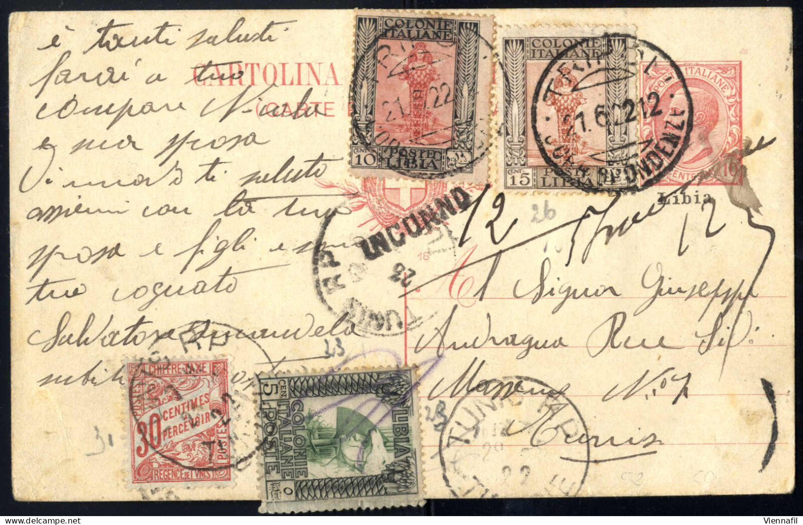 Cover 1922, Cartolina Postale Italiana Da 10 C. Rosa Del 21.6.1922 Con Affrancatura Complementare 5 C., 10 C. E 15 C. Da - Libië