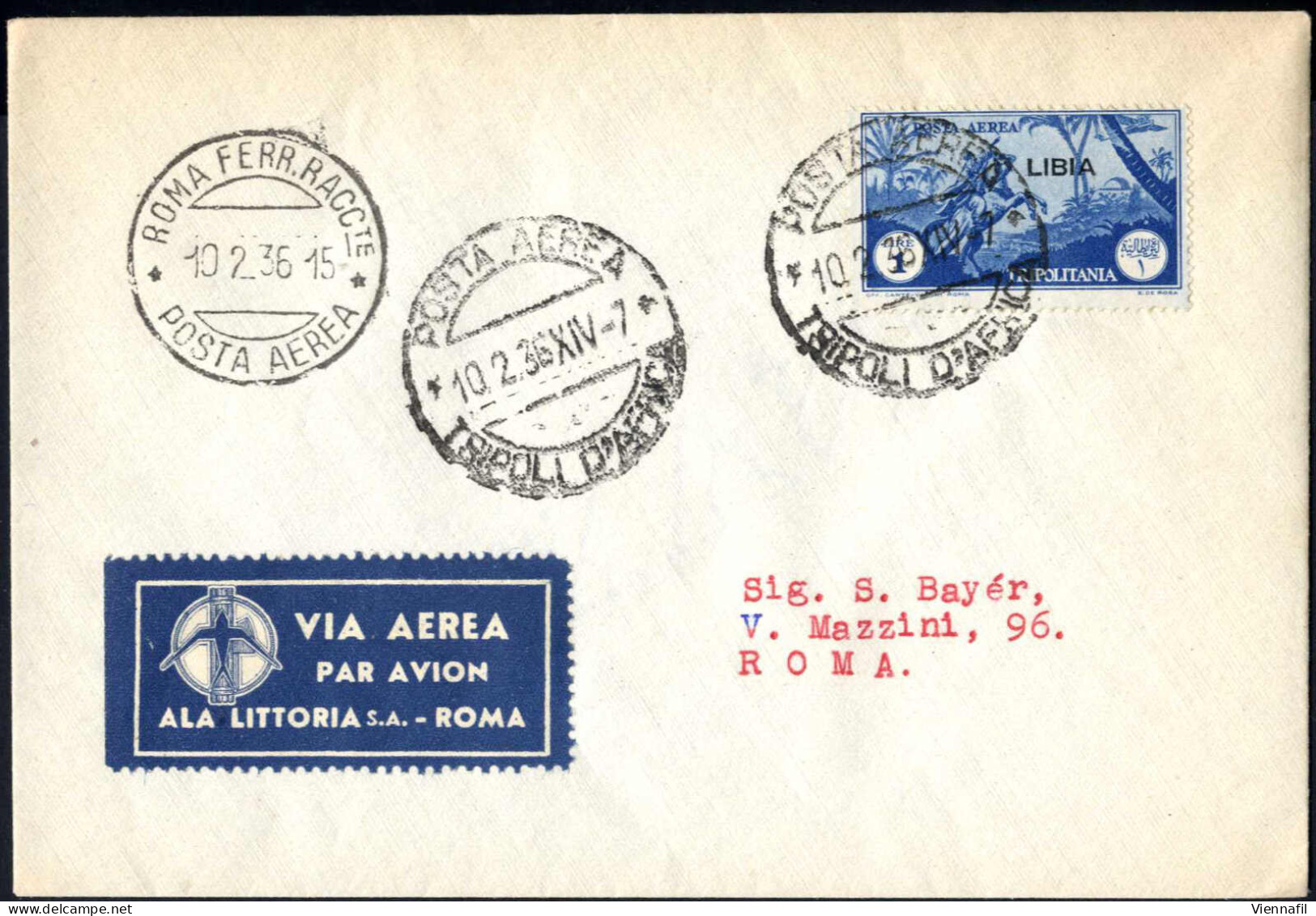 Cover 1936, Aerogramma FDC Dell'Ala Littoria Del 10.2.1936 Da Tripoli A Roma, Affrancata Con 1 L. Azzurro Con Soprastamp - Libye