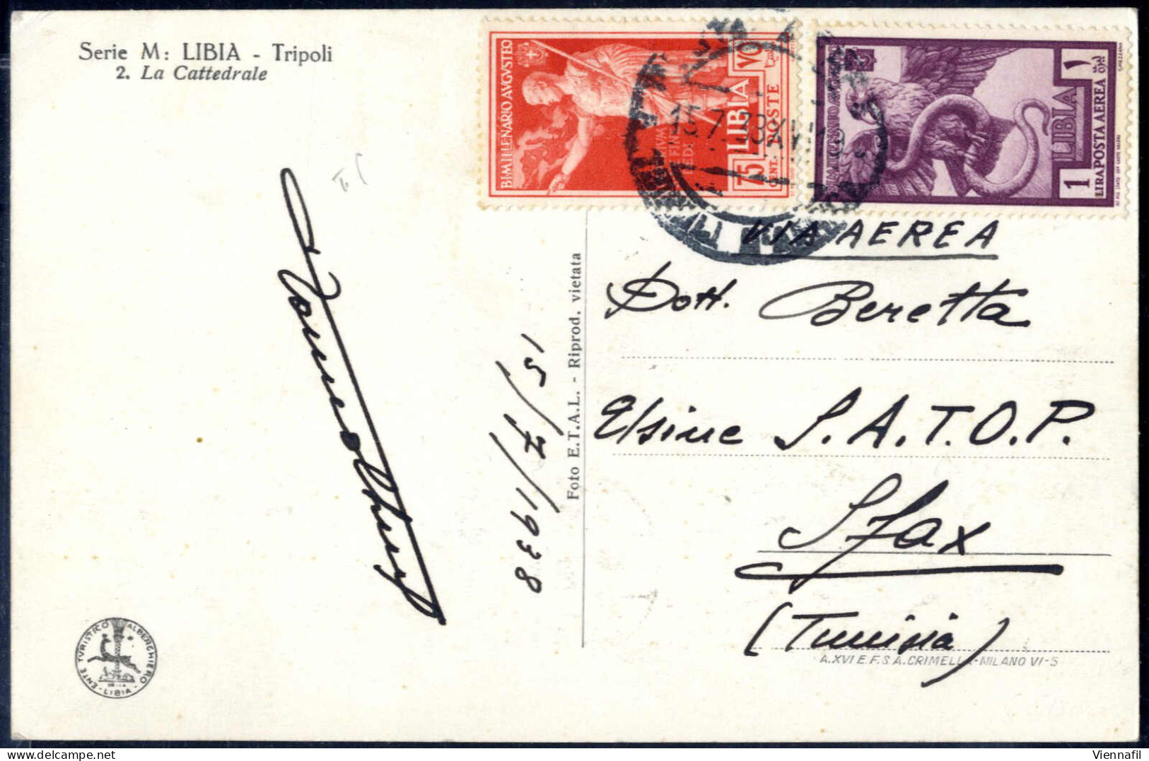 Cover 1938, Cartolina Illustrata Per Via Aerea Da Tripoli Il 15.7 Per Sfax (Tunisia), Affrancata Con Augusto 75 C. Rosso - Libye