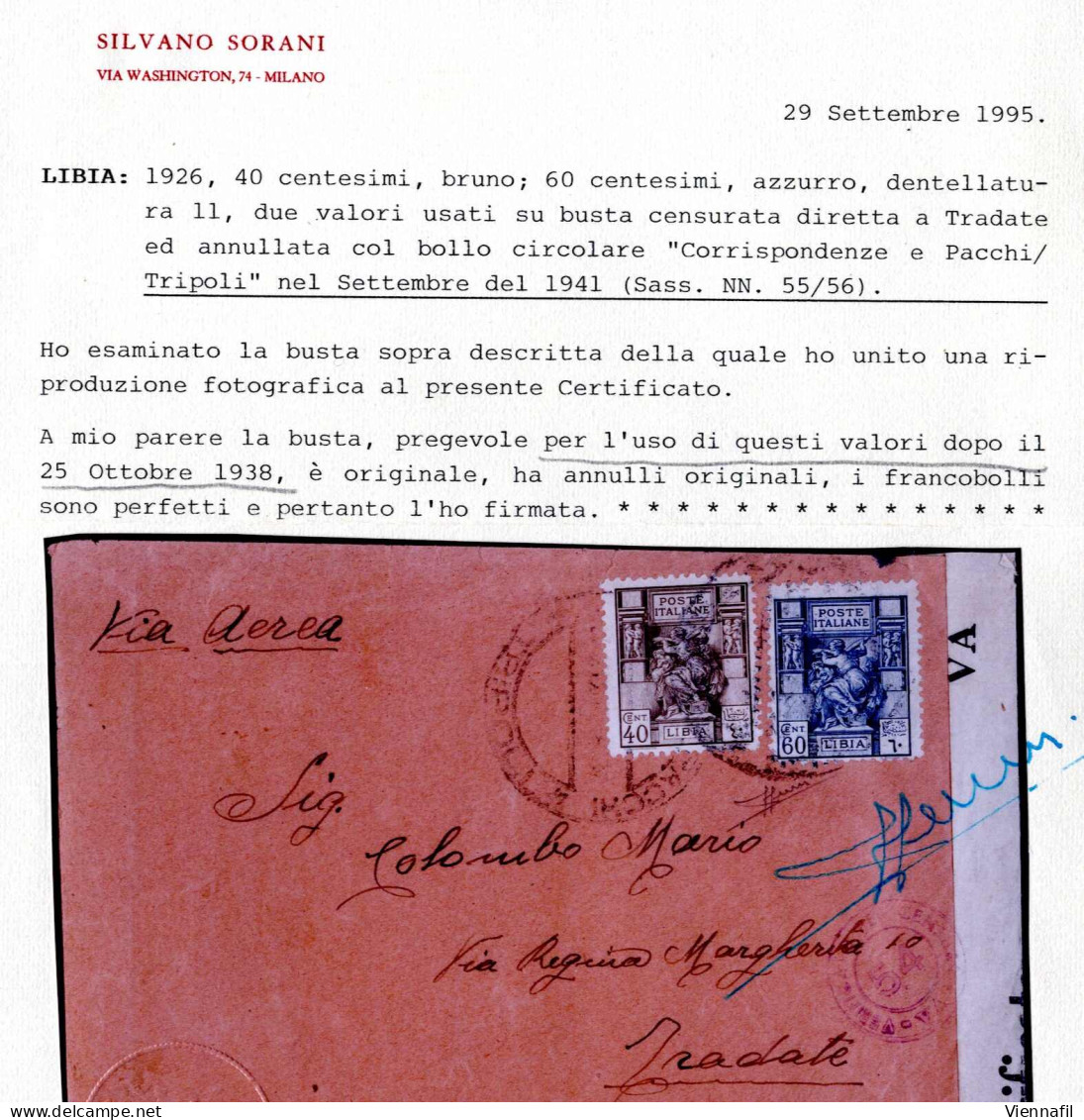 Cover 1941, Lettera Da Tripoli Del Settembre Per Tradate Affrancata Con "Sibilla Libica" Da 40 E 60 C., Cert. Sorani (ra - Libya