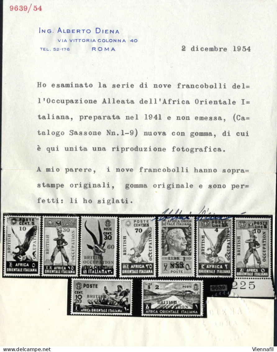 ** 1941, Non Emessi, Serie Completa 9 Valori Nuovi Con Gomma Integra, Cert. Alberto Diena, Sass. 1-9 - Eastern Africa