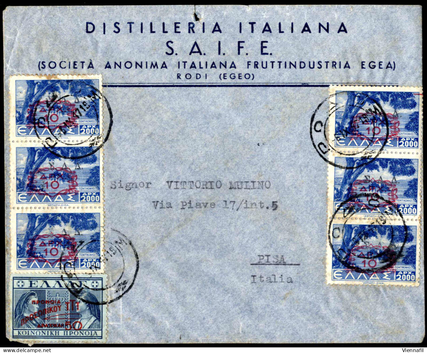 Cover 1947, Brief Vom 6.9.1947 Von Rhodos Nach Pisa (Italien), Frankiert Mit Zwei Dreierstreifen 2000 Dr. Blau Mit Rotem - Dodecaneso