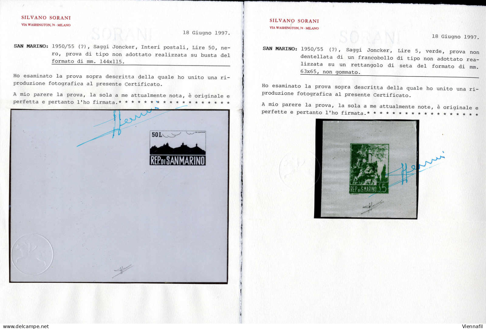 1950/55, Saggi Joncker, lotto di otto saggi dell'artista, di cui sei per interi postali e due per francobolli, insieme d