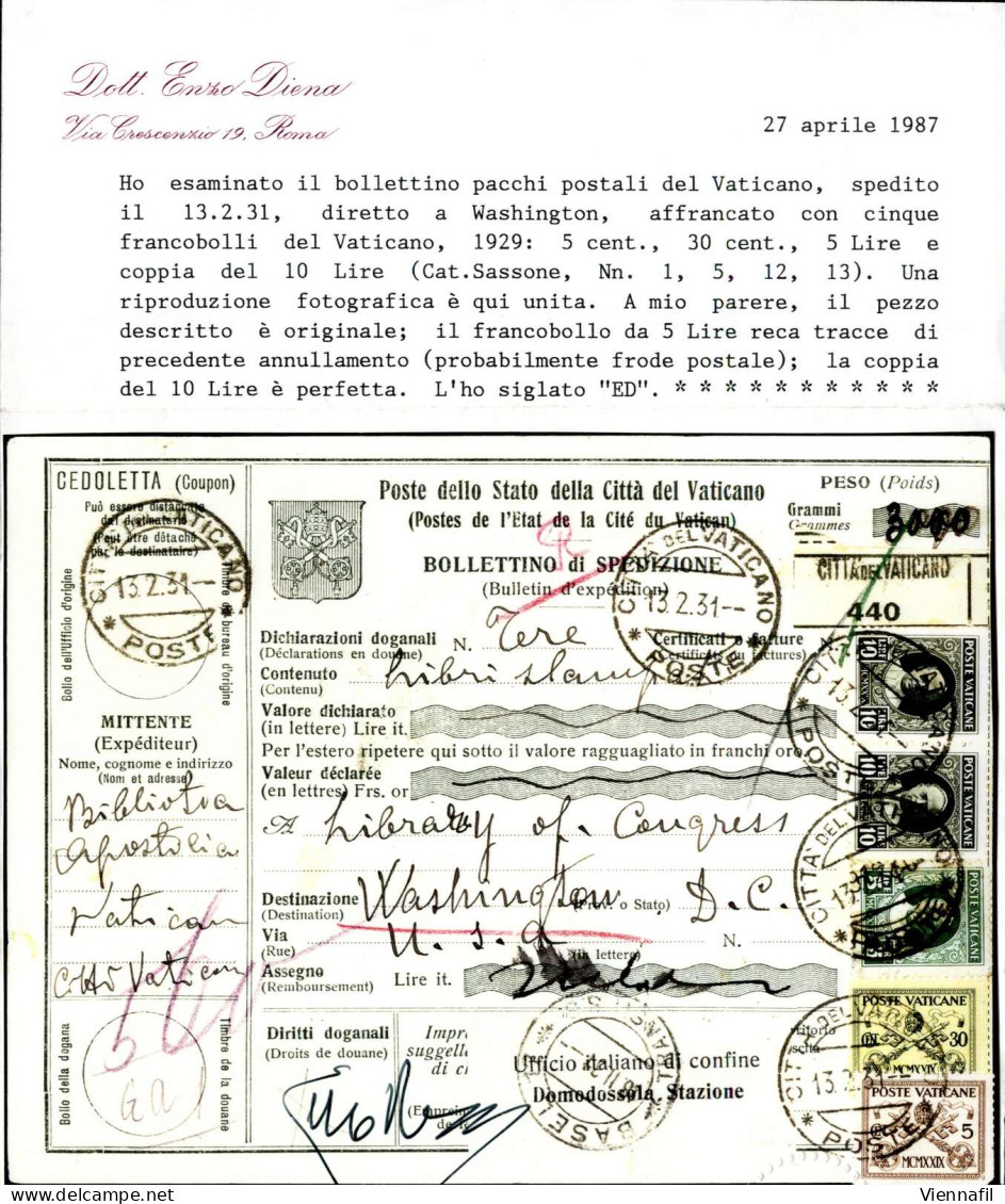 Cover 1931, Bollettino Pacchi Postali Per Un Pacco Di 3000 Gr. Del 13.2.1931 Da Città Del Vaticano A Washington Affranca - Sonstige & Ohne Zuordnung