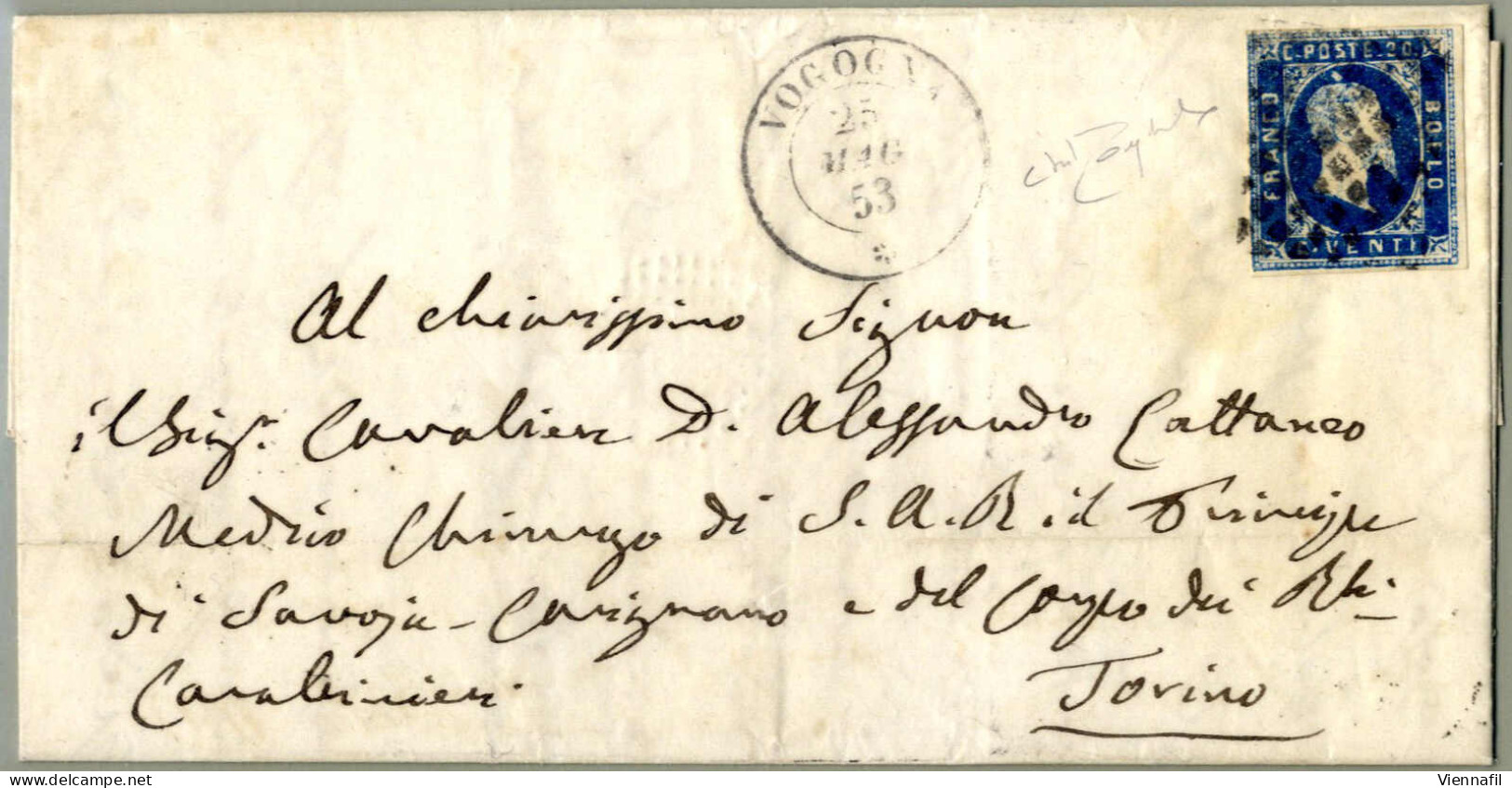 cover Sardegna 1854/58, lotto di 11 buste con annullamenti del Piemonte, due buste con Sass. 2 da Vogogna (punti 13) e C