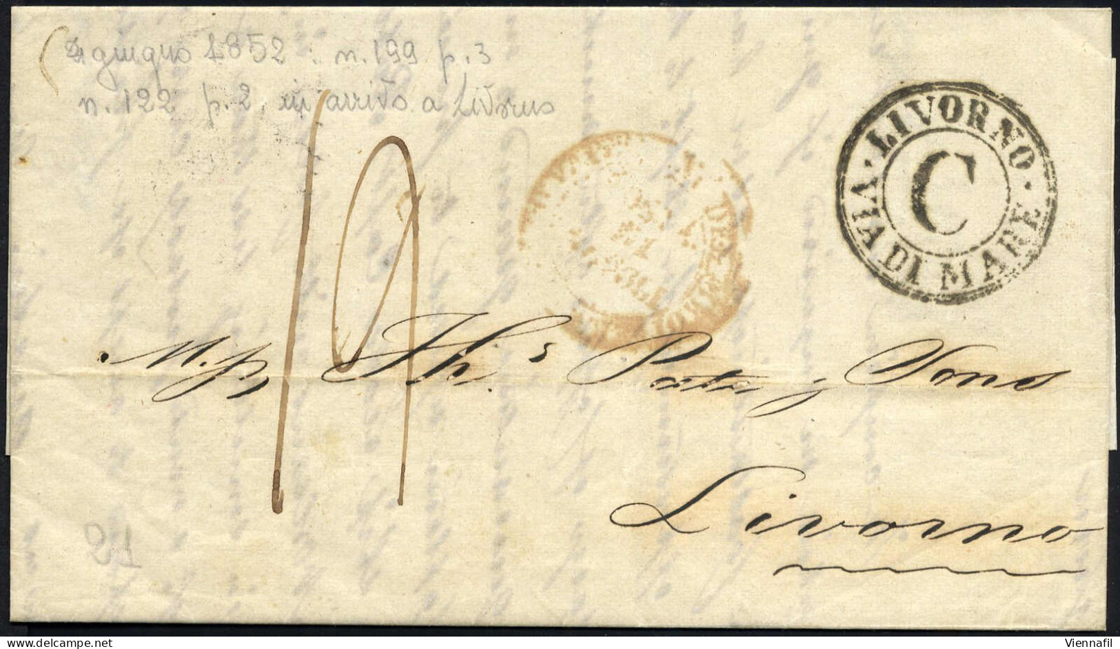 cover VIA DI MARE, lotto di 10 lettere dal 1838 al 1863, la maggior parte indirizzate a Livorno, con vari timbri maritti