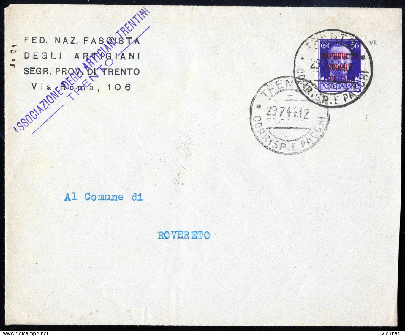 Cover R.S.I. 1943/45 Ca., Insieme Di 30 Buste Tutte Indirizzate A Rovereto Da Varie Località Del Trentino, Affrancate Pr - Lotti E Collezioni