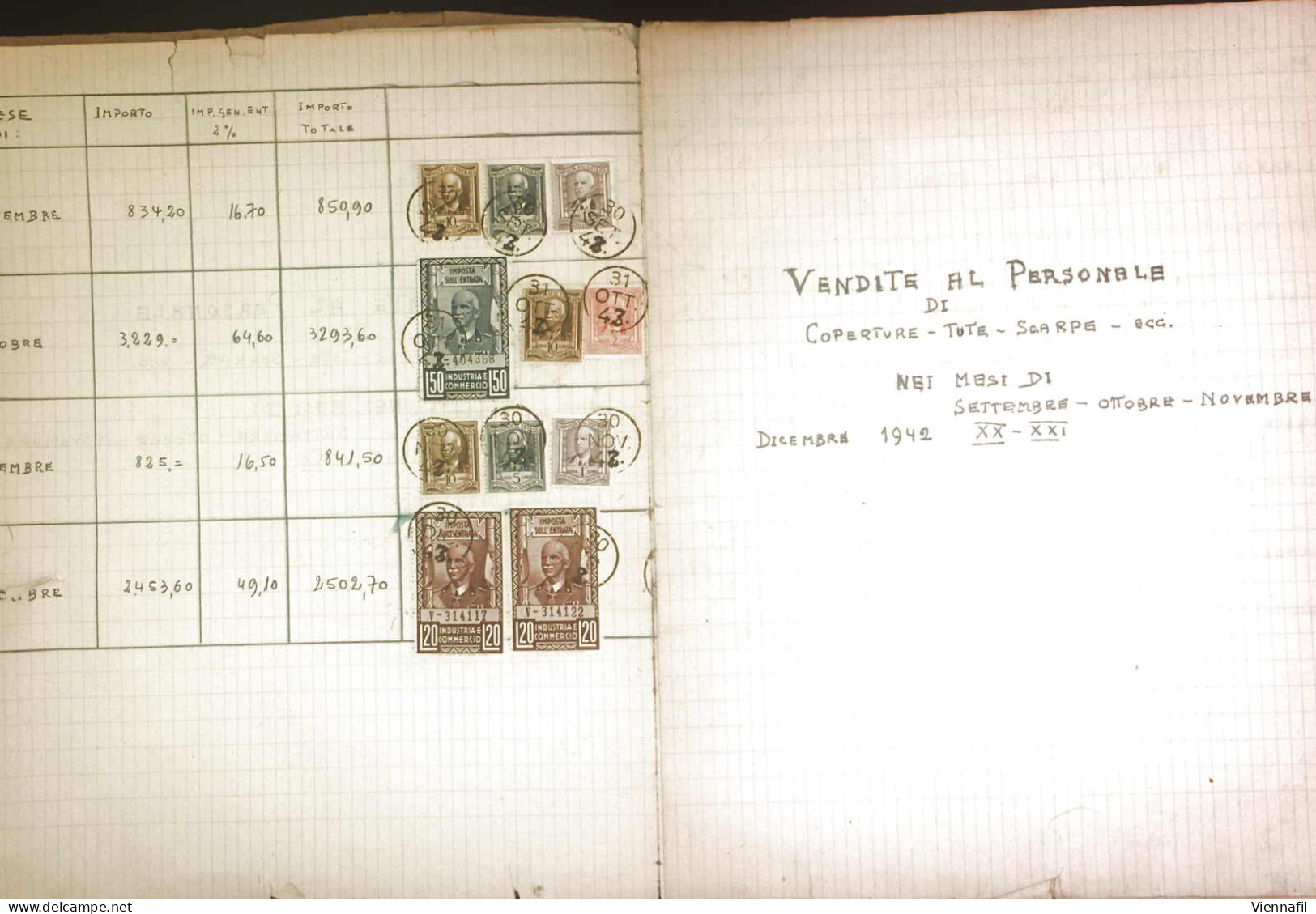 O Regno E Repubblica 1942/52, Registro Vendite Soggette IVA Con 100 Pagine Bollate Con Usi Multipli E Miste Di Marche Da - Collections