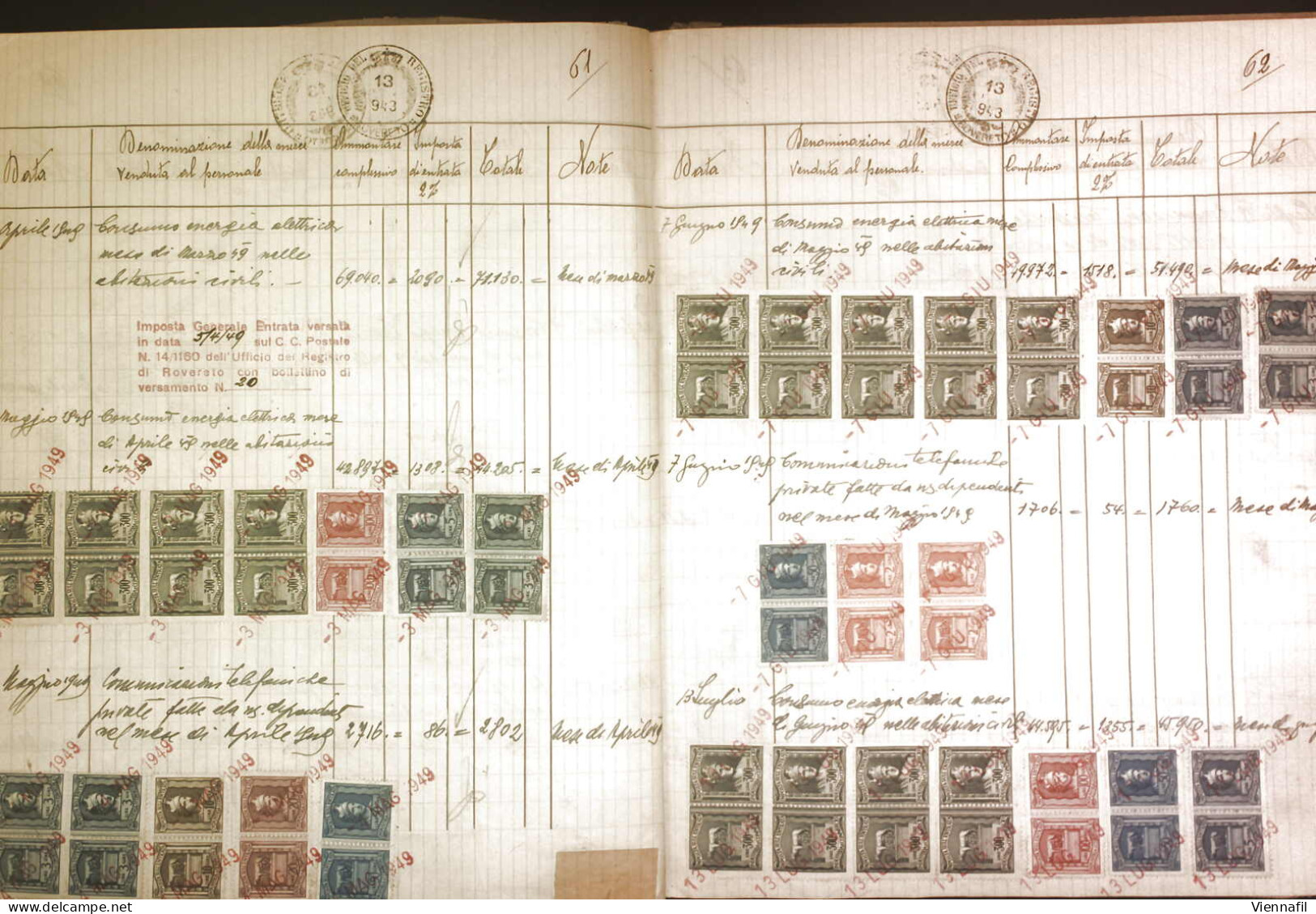 o Regno e Repubblica 1942/52, registro vendite soggette IVA con 100 pagine bollate con usi multipli e miste di marche da