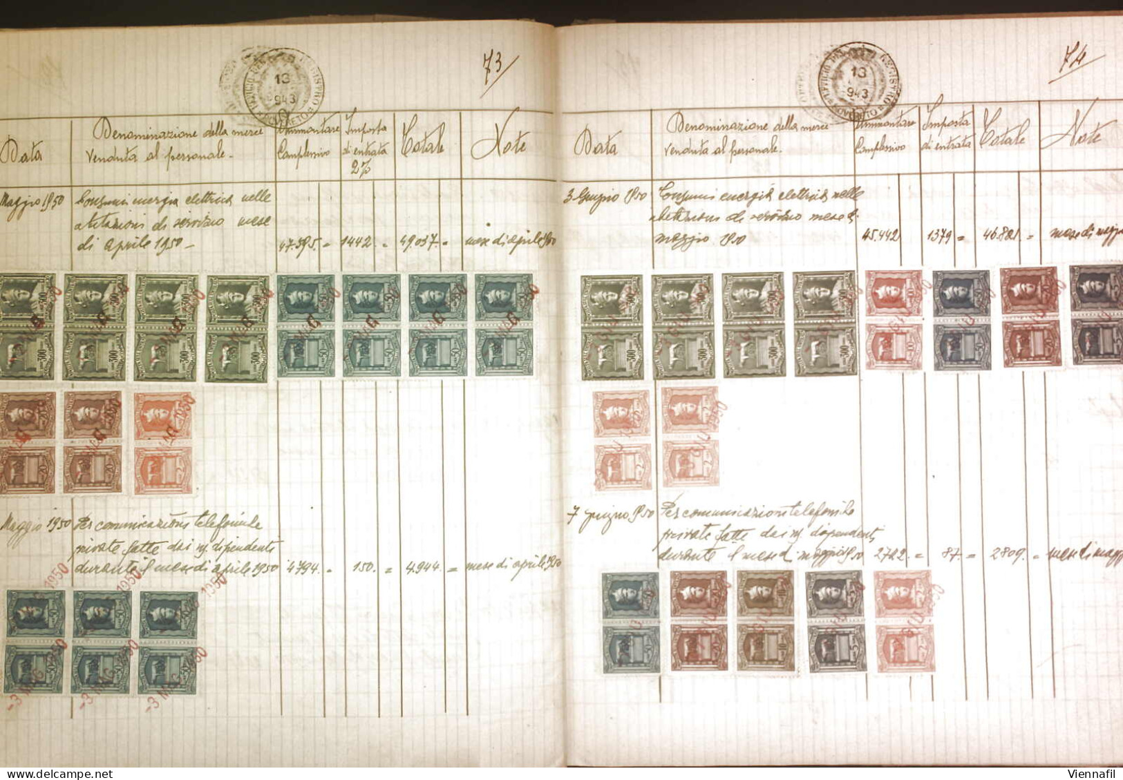 o Regno e Repubblica 1942/52, registro vendite soggette IVA con 100 pagine bollate con usi multipli e miste di marche da