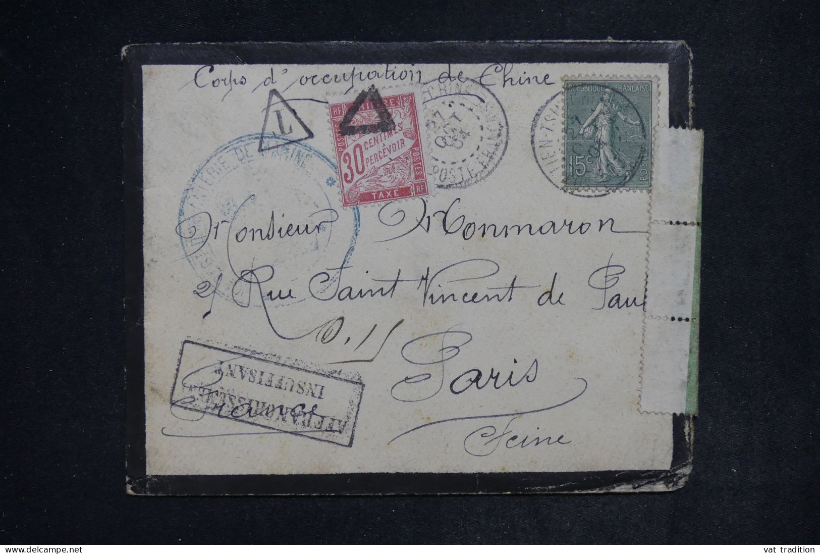 CHINE - Enveloppe Du Corps D'Occupation En Chine, De Tien Tsin Pour Paris En 1904 Et Taxé - L 152367 - Brieven En Documenten
