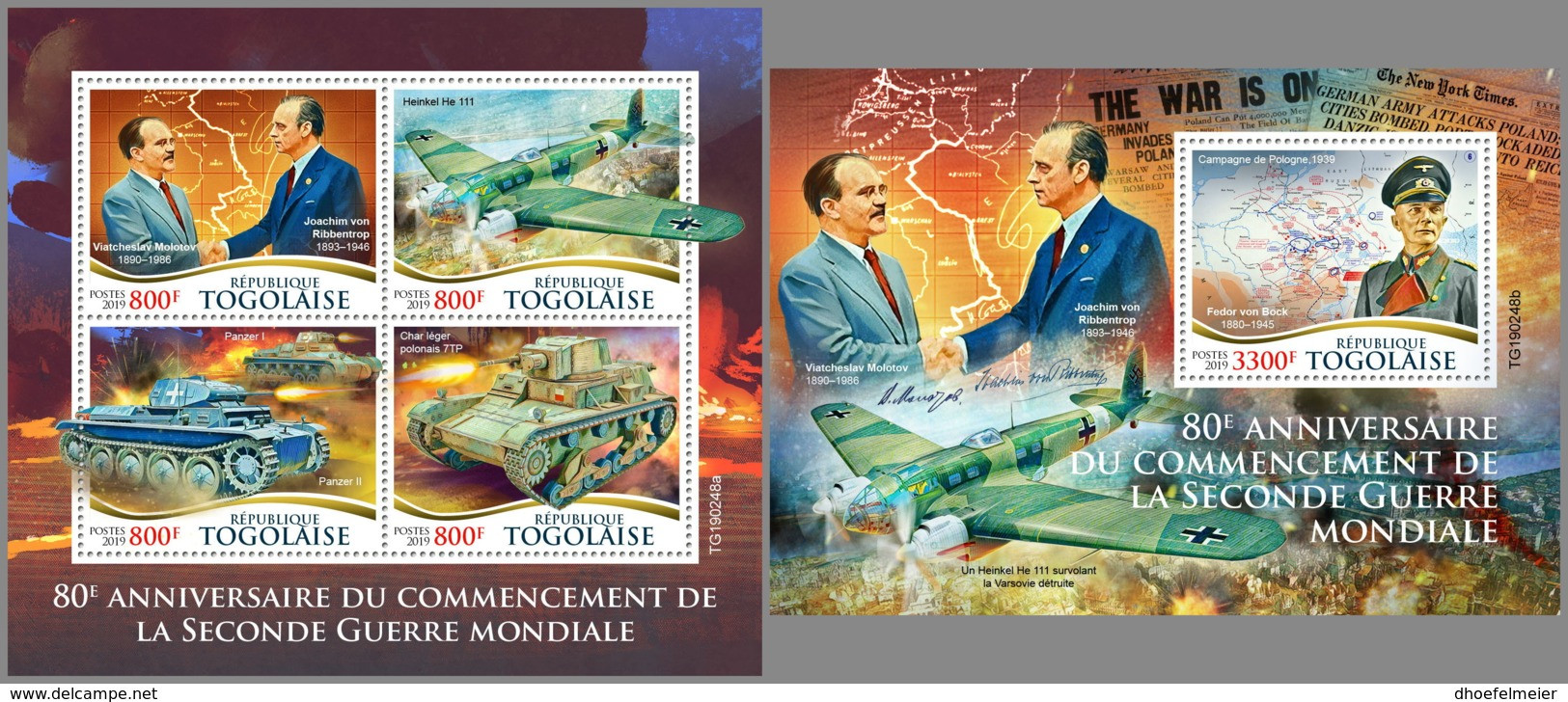 TOGO 2019 MNH Beginning WWII Kriegsbeginn 2. Weltkrieg Debut 2eme Guerre Mondiale M/S+S/S - OFFICIAL ISSUE - DH1931 - Seconda Guerra Mondiale