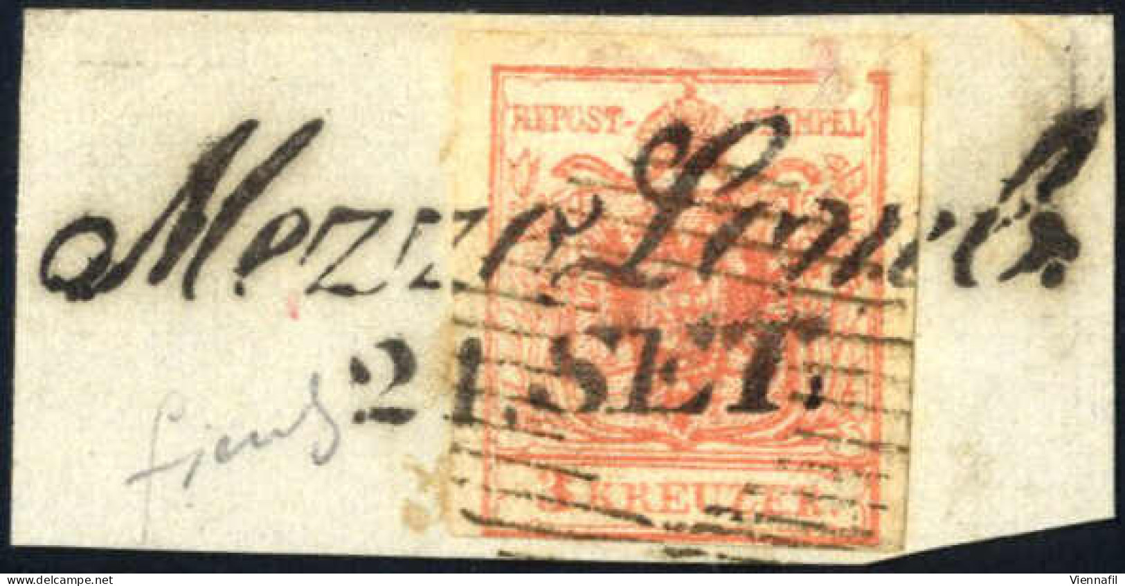 Piece "MEZZOLOMBARDO", 3 Kr. Rosa HP Type III A Auf Briefstück, Entwertet Mit Dem Kompletten Langstempel "Mezzo.Lomb. /  - Autres & Non Classés