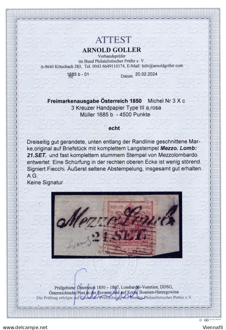 Piece "MEZZOLOMBARDO", 3 Kr. Rosa HP Type III A Auf Briefstück, Entwertet Mit Dem Kompletten Langstempel "Mezzo.Lomb. /  - Autres & Non Classés