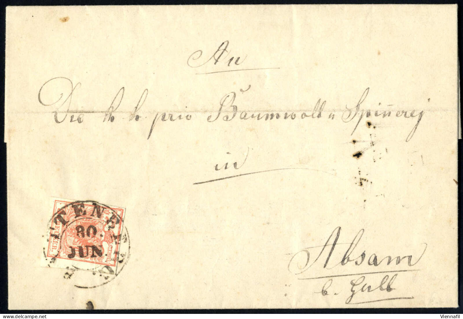 Cover "RATTENBURG", 1855, Doppelkreisstempel Auf Mit 3 Kreuzer, Rot, Ty III, Maschinenpapier, Voll- Bis Breitrandig Fran - Autres & Non Classés