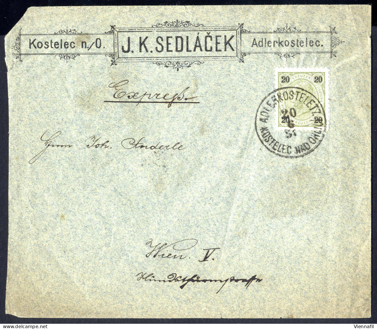 Cover "ADLERKOSTELETZ" 1891; Einkreisstpempel Auf Mit 20 Kr. Frankiertem Firmenkuvert, (links Geöffnet (Kuvert Verkürzt) - Autres & Non Classés