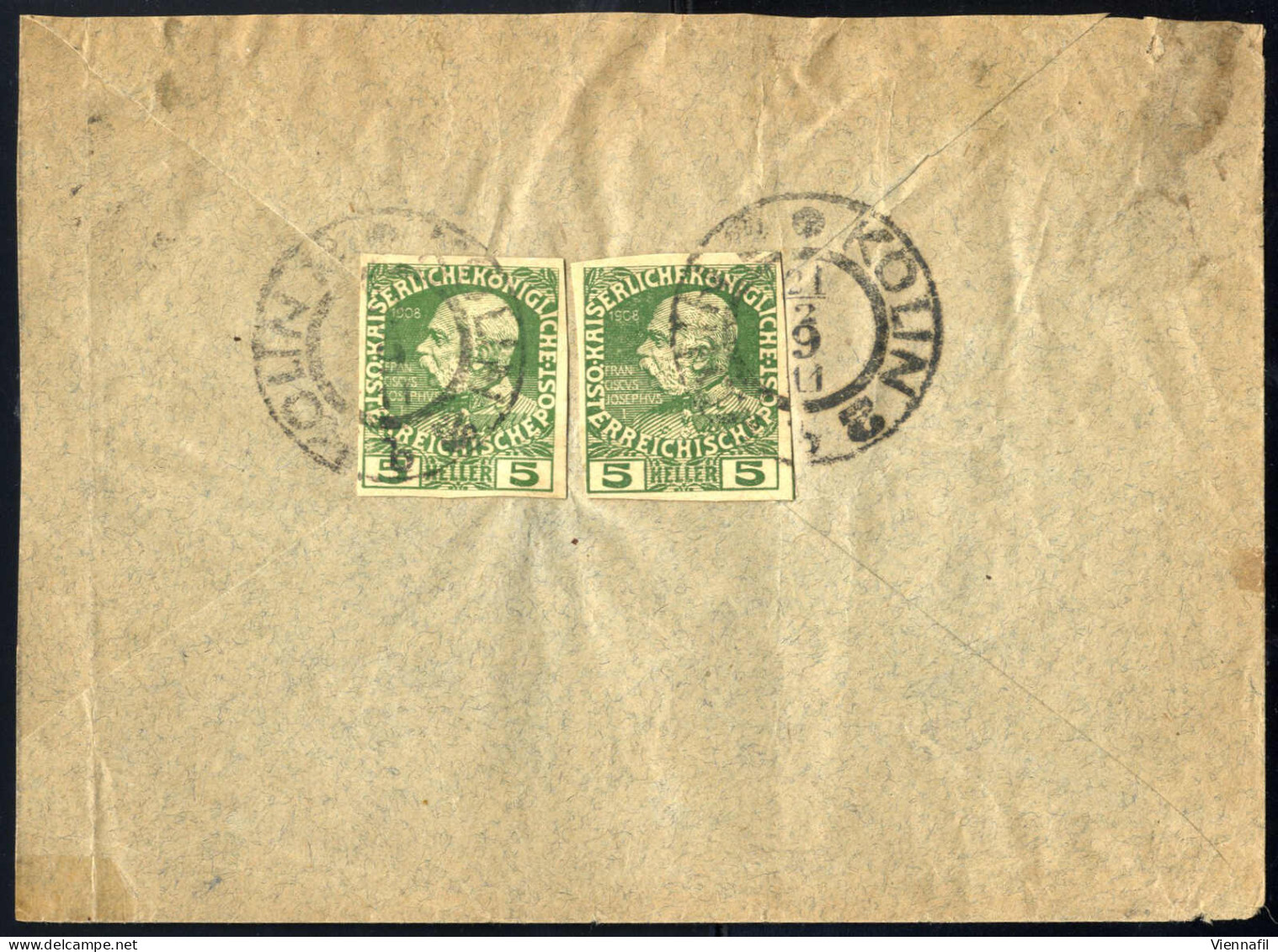 Cover "KOLIN", Zwei 5 Heller Ganzsachen-Ausschnitte Auf Der Rückseite Eines Adressierten Kuverts (Kuvert Oben Verkürzt), - Autres & Non Classés
