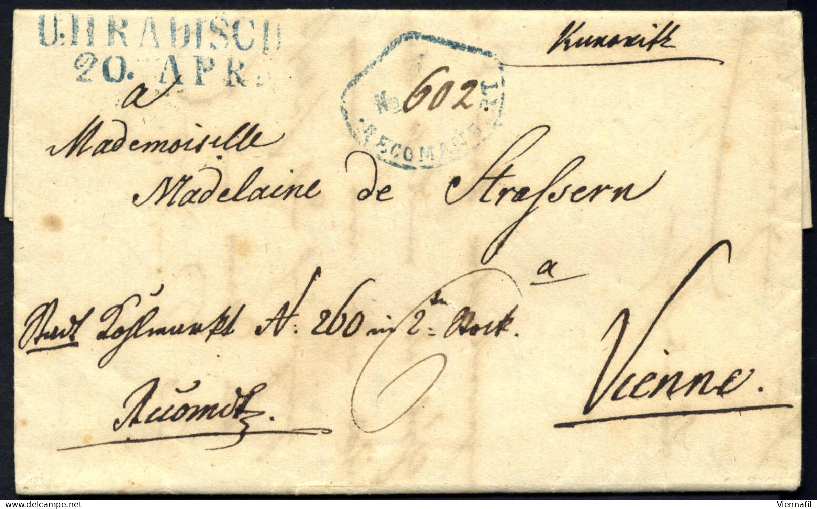 Cover "HRADISCH", Zwei Eingeschriebene Briefe, Einer Von Kunowitz Vom 20.4.1848 Nach Wien Mit Blauem RL-R Müller 60 Punk - Otros & Sin Clasificación