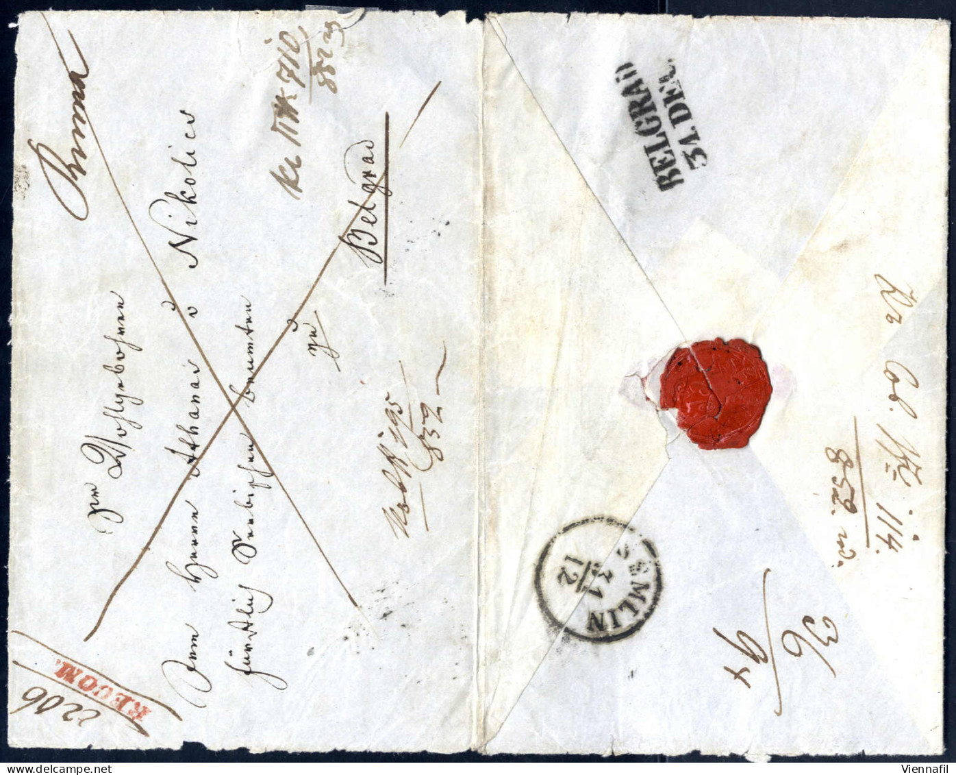 Cover RUMA 1852, Registered Opened For Display, Letter Sent From Ruma Via Zemun To Belgrade. Front Shows Ruma In Manuscr - Oostenrijkse Levant