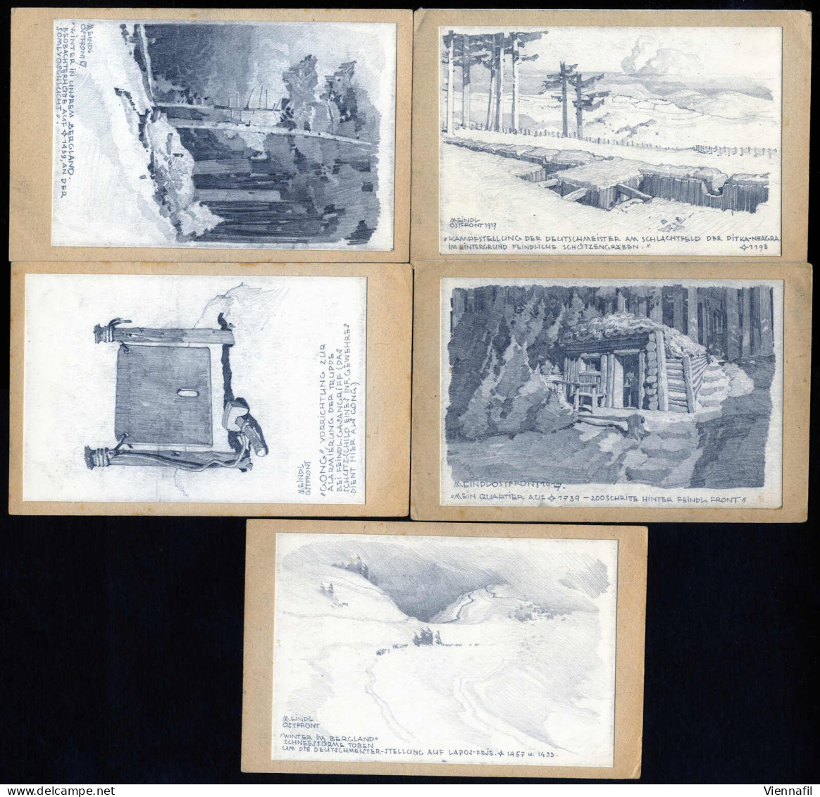 Cover 1917, Lot Mit Fünf Ungebrauchten Meindl-Ostfront Karten In Bleistiftzeichnung, Abbildungen Siehe Onlinekatalog - Other & Unclassified