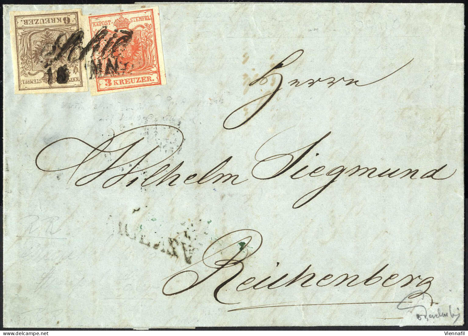 Cover 1850, Brief Von Schio Am 5.5. Nach Reichenberg Frankiert Mit 3 Kreuzer Dunkelzinnoberrot (mit Spuren Einer Papier- - Lombardy-Venetia