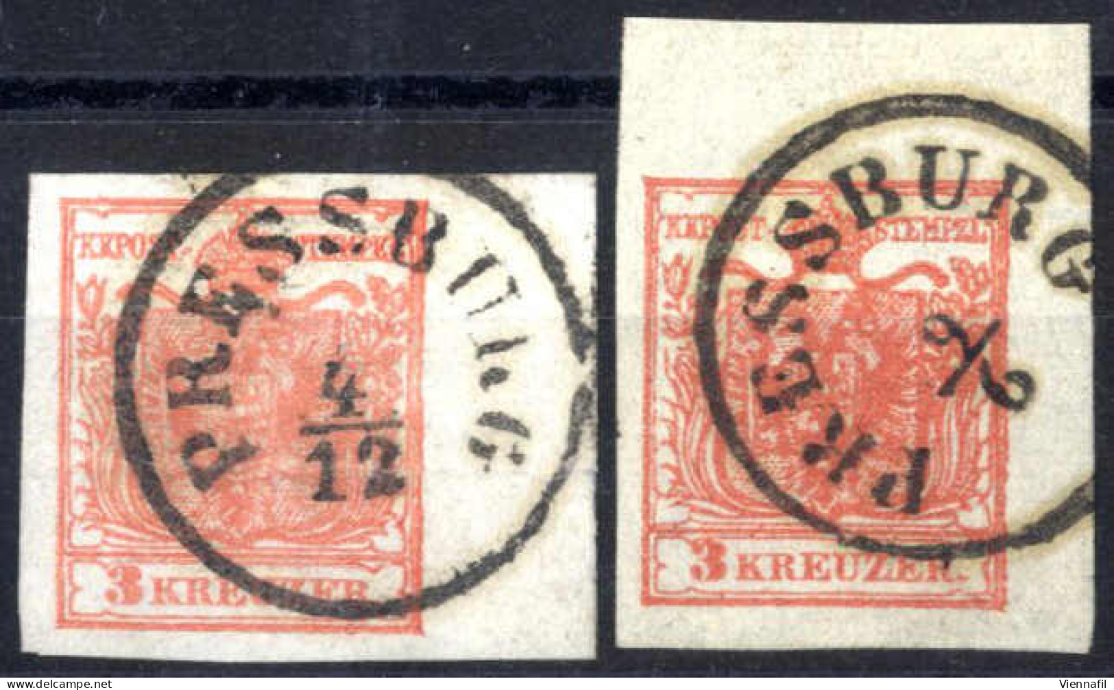 O 1850, Zwei Randstücke 3 Kr., Rot, Eine Rechts 8 Mm, Die Andere Rechter Obere Ecke 7x4 Mm, ANK 3 - Otros & Sin Clasificación