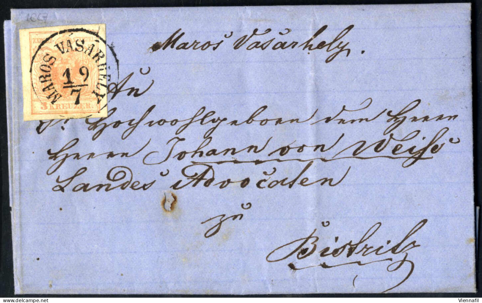 Cover 1854, Brief Von Maros Vasàrhely Vom 19.7. Nach Bistritz Frankiert Mit 3 Kr. Type III MP, ANK 3 MP - Andere & Zonder Classificatie