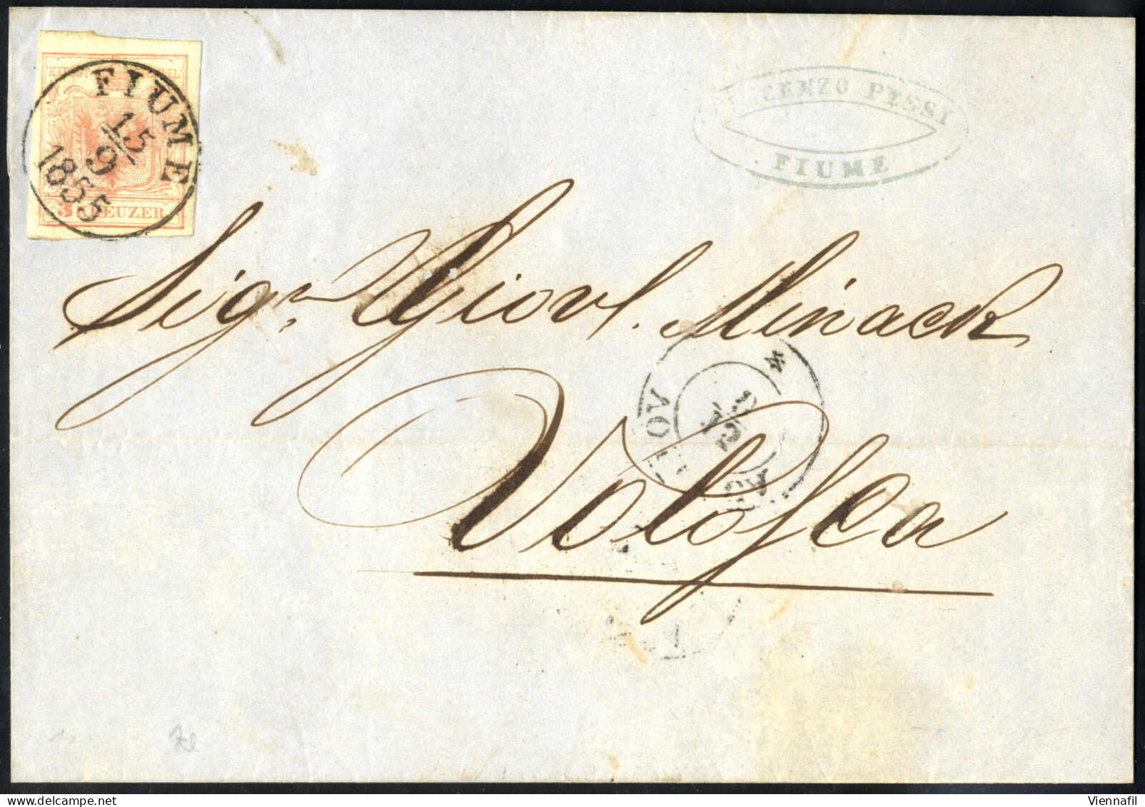 Cover 1855, Brief Von Fiume Vom 15.9. Nach Volosca Frankiert Mit 3 Kr. Rot MP, Gravurtype 2-2, ANK 3 MP - Autres & Non Classés