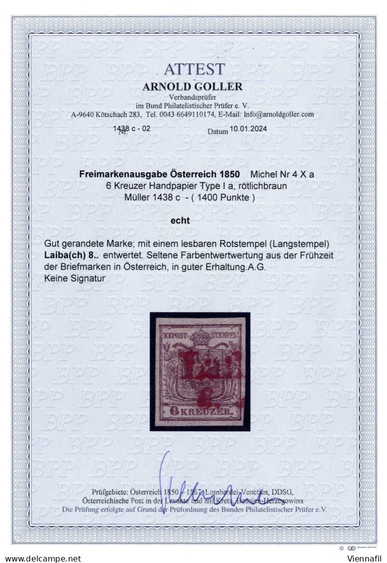 O 1850, "Laiba(ch) 8.. Roter L1-Teilstempel Auf 6 Kreuzer Type Ia, Attest Goller, ANK 4 - Other & Unclassified