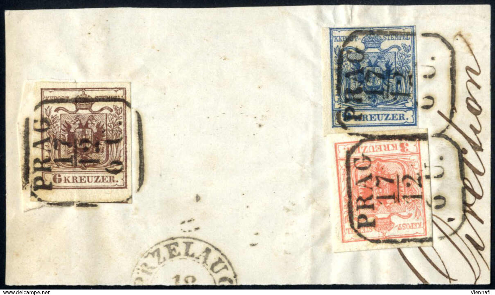 Piece 1850, Briefstück Frankiert Mit 3 Kr. Rot + 6 Kr. Braun + 9 Kr. Blau, Alle HP Type III, 3 Und 6 Kr. Breit- Bis über - Autres & Non Classés