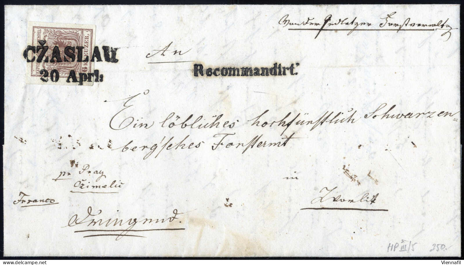 Cover 1853, Eingeschriebener Brief Von Czaslau Vom 20.4. Nach Zworlitz Frankiert Vorder- Und Rückseitig Mit 6 Kr. Braun  - Andere & Zonder Classificatie