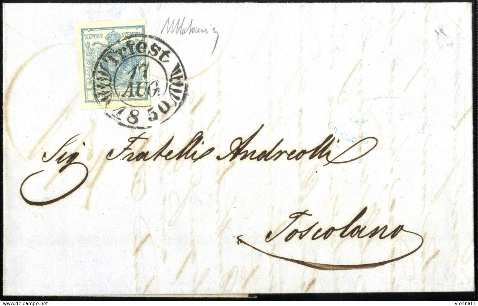 Cover 1850, 9 Kr. Blau In Type I, P 10, Auf Brief Von Triest Nach Toscolano, Index 6, Gestempelt, ANK 5 I - Autres & Non Classés