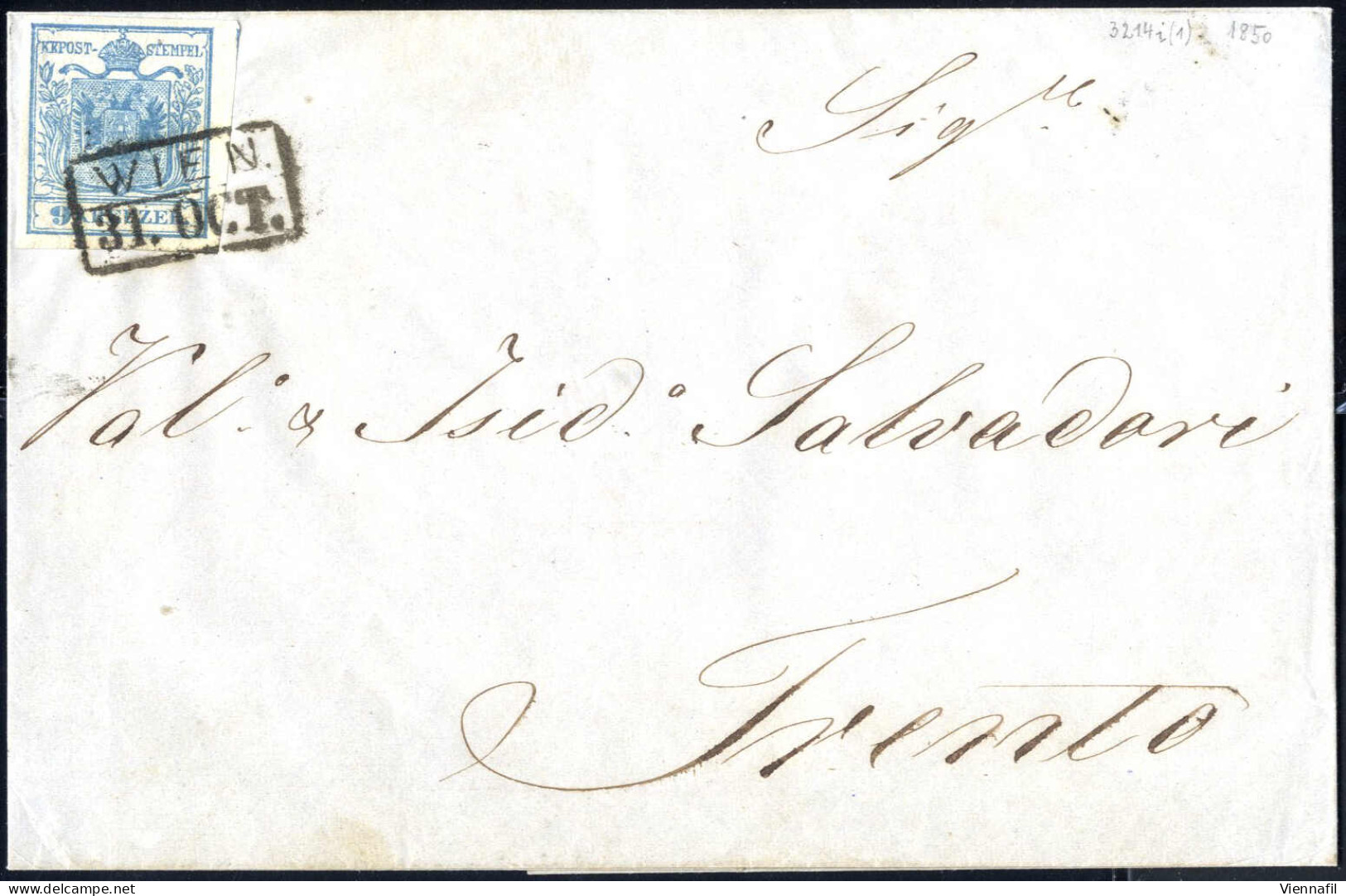 Cover 1850, 9 Kr. Blau In Type I, P5, Auf Brief Von Wien Nach Trient, Index 6, Gestempelt, ANK 5 I - Other & Unclassified