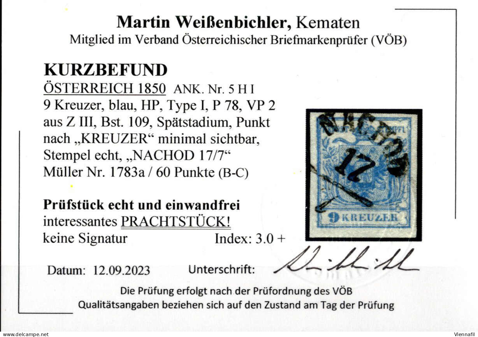 O 1850, 9 Kr. Blau In Type I, P78, VP 2 Aus Z III, Bst. 109, Spätstadium, Punkt Nach "KREUZER" Minimal Sichtbar, Index 3 - Autres & Non Classés