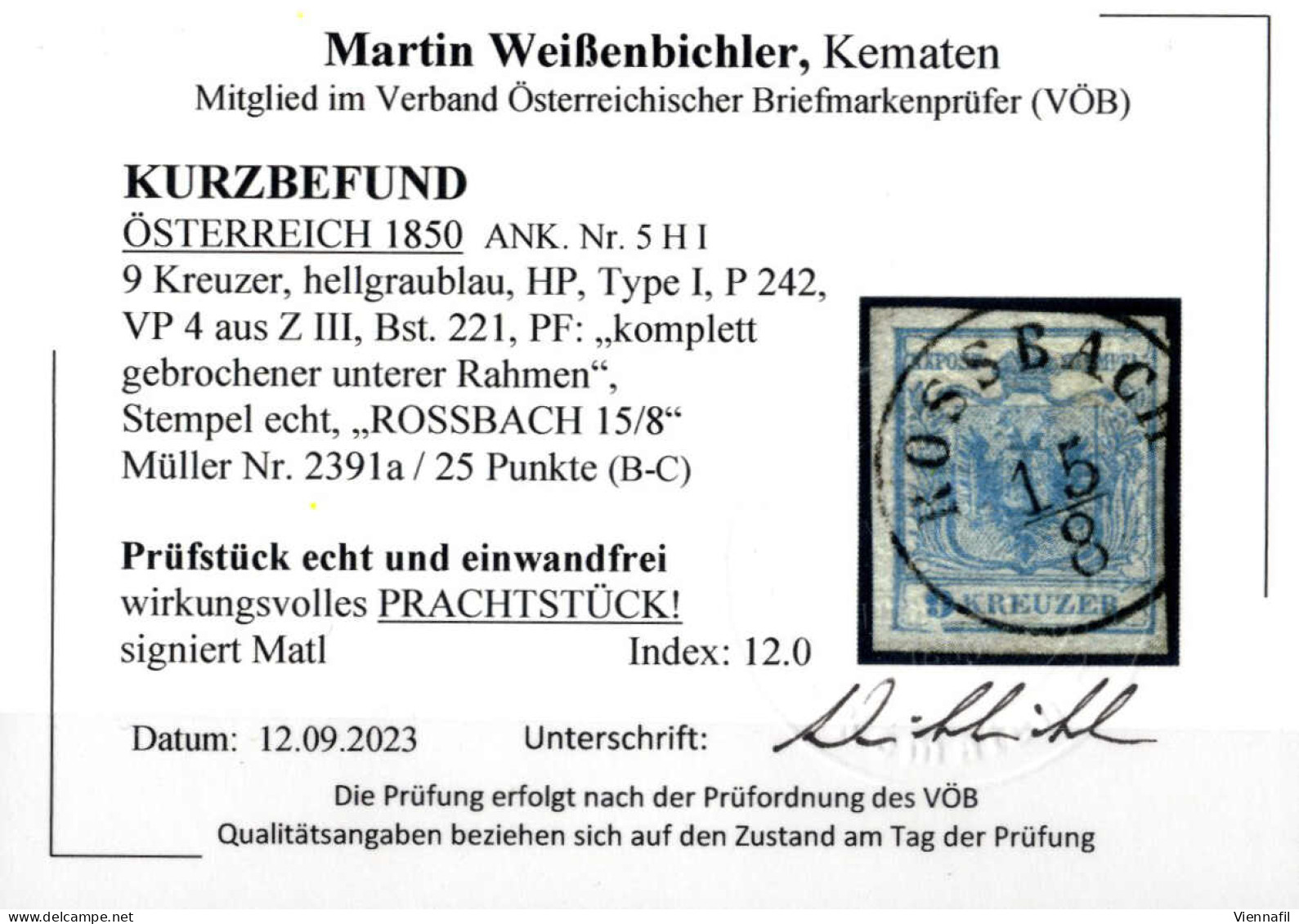 O 1850, 9 Kr. Hellgraublau In Type I, P 242, VP 4 Aus Z III, Bst. 221, PF "komplett Gebrochener Unterer Rahmen", Index 1 - Andere & Zonder Classificatie