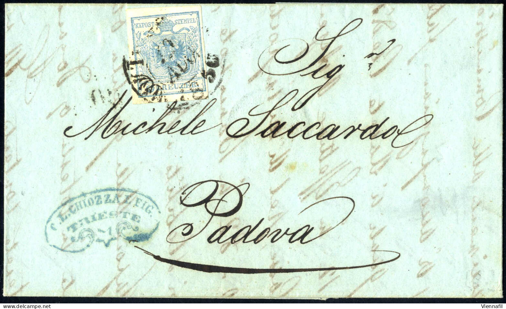 Cover 1850, 9 Kreuzer Blau In Type I, P266, Auf Brief Von Triest 19.8.1850 Nach Padua, , Index 8, ANK 5 I - Autres & Non Classés