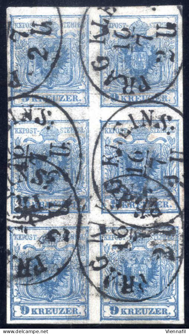 O 1850, 9 Kreuzer In Type IIa Auf Handpapier, Senkrechter Sechser-Blockstreifen, Gestempelt Prag Kleins: 16/7, In Der Mi - Andere & Zonder Classificatie