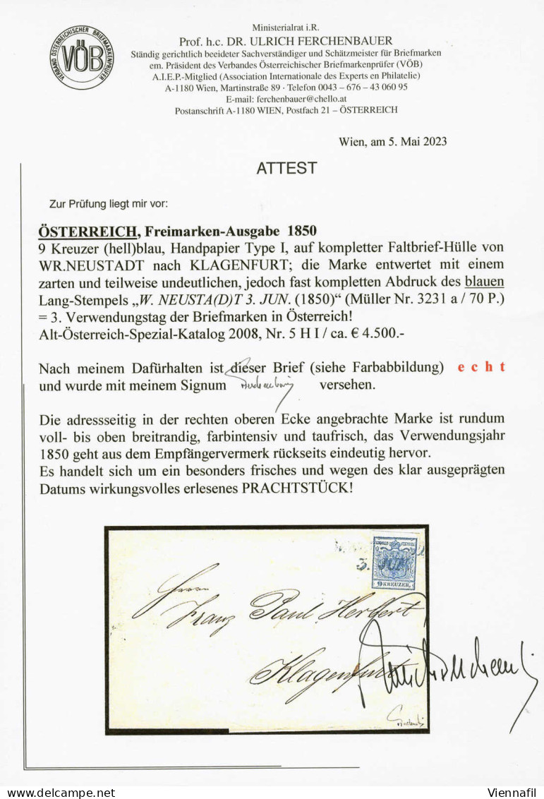 Cover 1850, Brief Von W. Neustadt In Blau (Müller 70 Punkte) Vom 3.6 Dritter Tag Der Verwendung Frankiert Mit 9 Kr. Blau - Andere & Zonder Classificatie