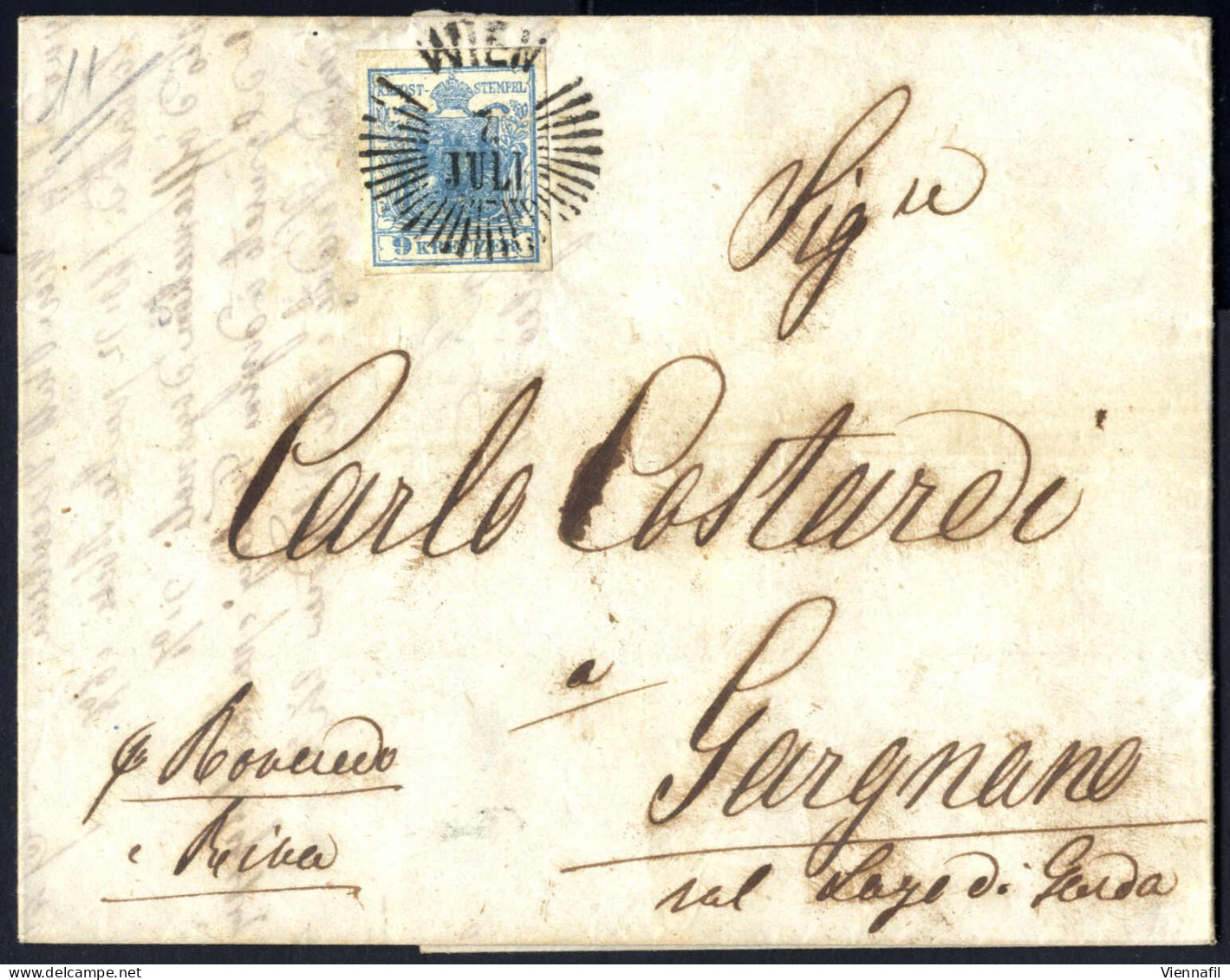 Cover 1850, Lot Sieben Briefe Je Mit Einzelfrankatur 9 Kr. Blau (6 HP Und 1 MP), Dabei Ein Kompletter Brief Vom 22,11,18 - Autres & Non Classés