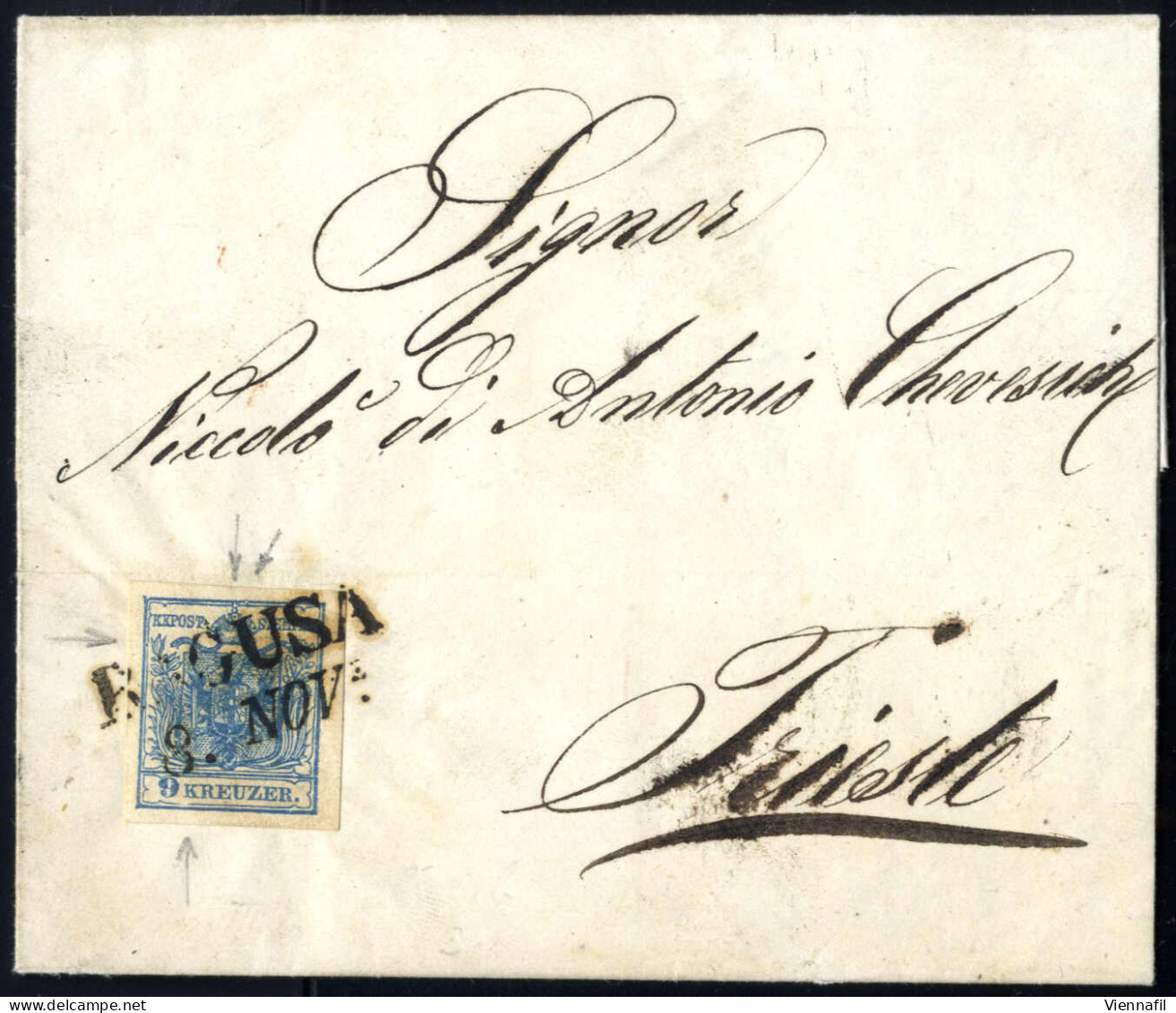 Cover 1850, Lot Sieben Briefe Je Mit Einzelfrankatur 9 Kr. Blau (6 HP Und 1 MP), Dabei Ein Kompletter Brief Vom 22,11,18 - Autres & Non Classés