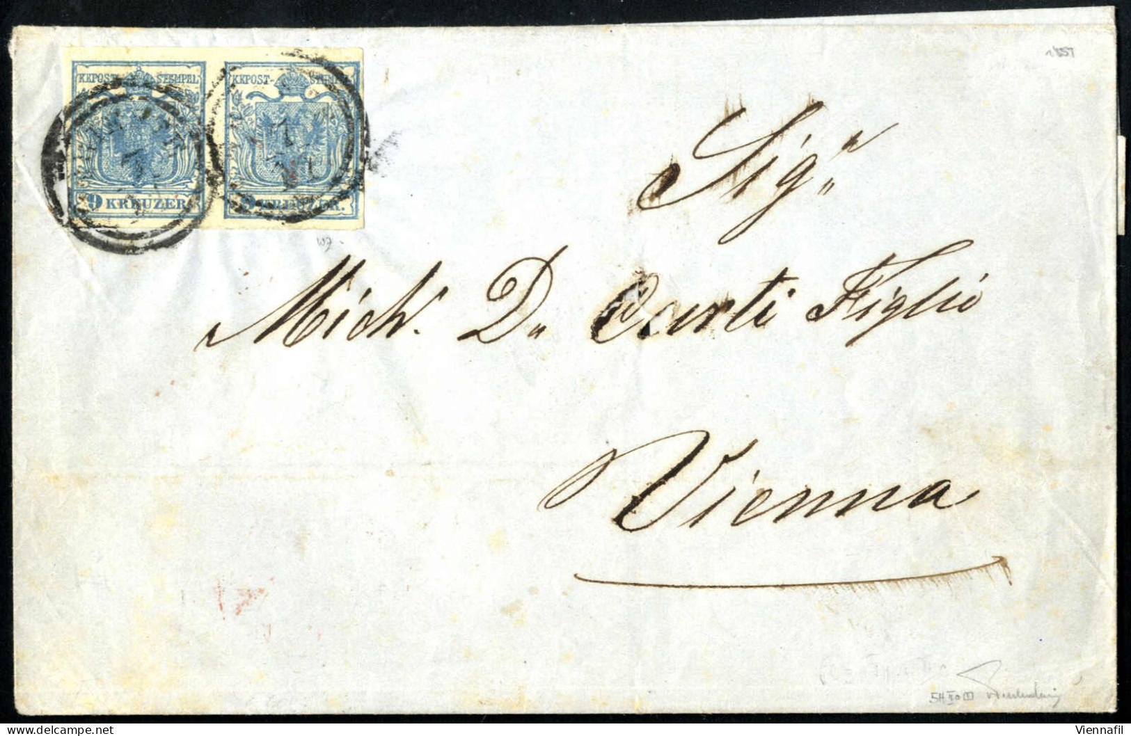 Cover 1850, TRIEST, 2 Doppelkreisstempel Auf Mit 9 Kreuzer, Blau, Waagrechtes Paar, Frankierter Briefhülle Nach Wien, Ma - Other & Unclassified