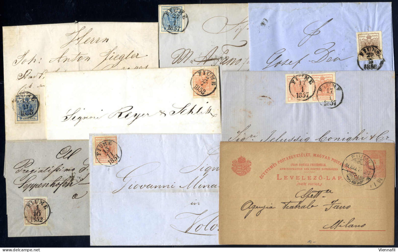 Cover 1851/57, Sieben Fiume Briefe, Drei Frankiert Mit 3 Kr. (einer Mit 2 Werten), Zwei Mit 6 Kr. Und Zwei Mit 9 Kr., Da - Andere & Zonder Classificatie