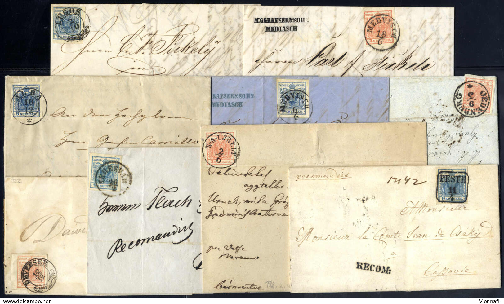 Cover 1852/57, 9 Briefe, Vier Frankiert Mit 3 Kr. Und Fünf Mit 9 Kr. (zwei Eingeschrieben Wovon Einer Mit 6 Kr. Rückseit - Andere & Zonder Classificatie