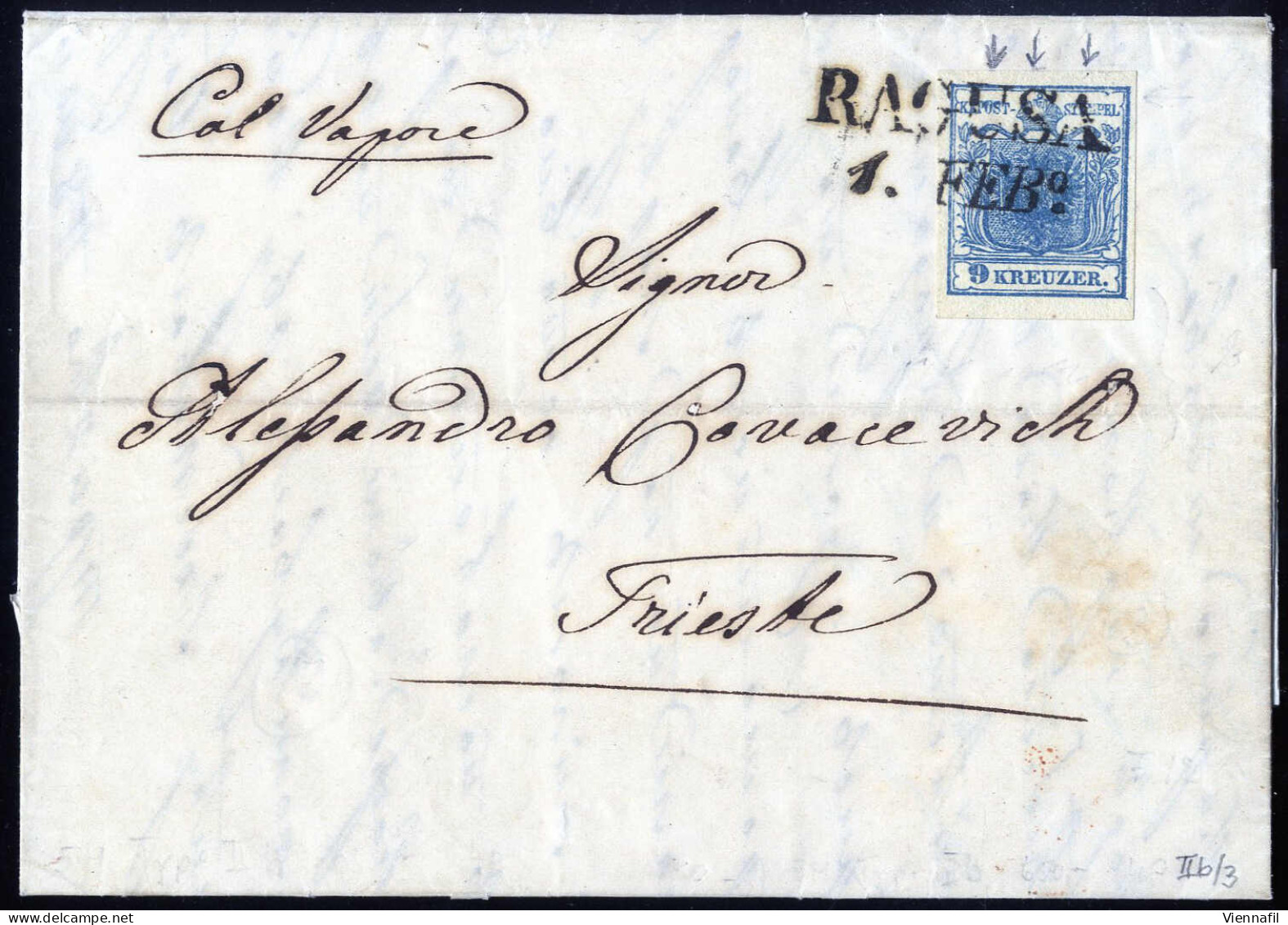 Cover 1852/57, Drei Briefe Von Ragusa Nach Triest Je Frankiert über 9 Kr., 9 Kr Blau Auf HP Bzw. MP Und 3+6 Kr. MP, ANK  - Altri & Non Classificati