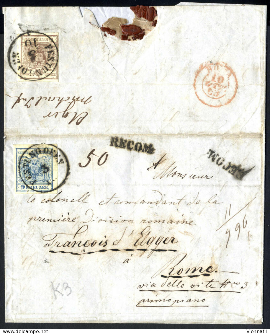 Cover 1853, Eingeschriebener Brief Von Festungofen Am 3.10. Nach Rom (Kirchenstaat) Frankiert Mit 9 Kreuzer Blau Und Rüc - Other & Unclassified