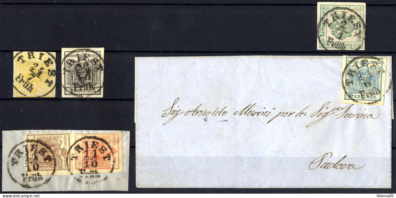 O/piece/cover 1854, "TRIEST/Früh", Müller 2979k, Auf Komplettem Satz Der Erstausgabe, 1+2 Kr Marken, Ein Briefstück 3+6  - Altri & Non Classificati