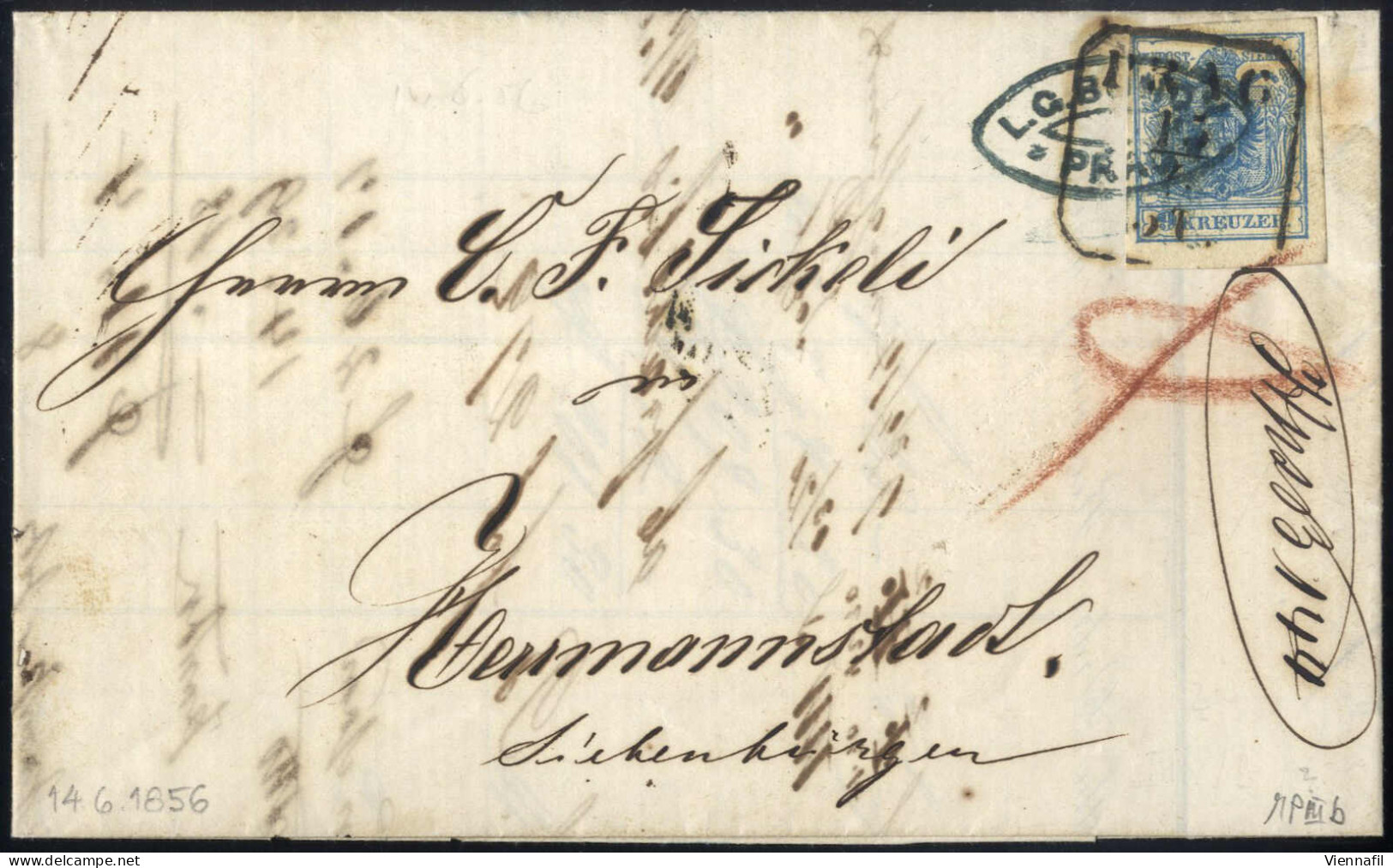 Cover 1856, Kompletter Faltbrief Vom 14.6.1856 Von Prag Nach Herrmannstadt, Frankiert Mit 9 Kr. Blau, MP Type IIIb, An D - Altri & Non Classificati